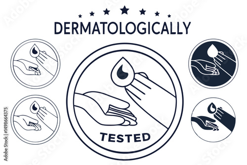 Dermatologically Tested Vector Icon Set for Skincare, Cosmetic and Beauty Products, Hand Holding Drop, Circle Badge.