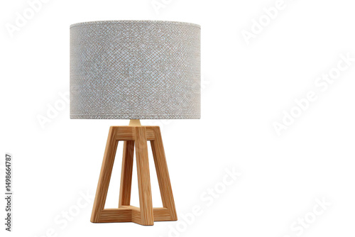 Modern wooden tripod table lamp with textured shade for bedroom living room decor on transparent background