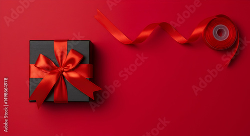 Elegant Black Gift Box Red Ribbon Valentines Day Present Surprise Anniversary Birthday Celebration Romantic Love Special Occasion Luxury Packaging