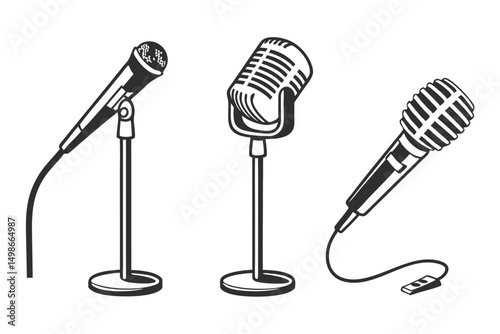 Classic Microphones Vector Set: Vintage Broadcast and Performance Equipment, Detailed Black and White Line Art Illustration.