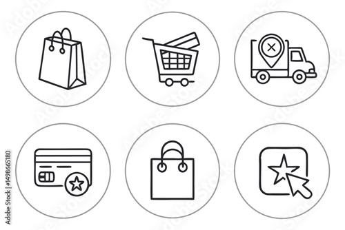 Online Shopping and Delivery Icon Set: Bags, Credit Card, Shopping Cart, Truck, Star with Cursor, Line Art.