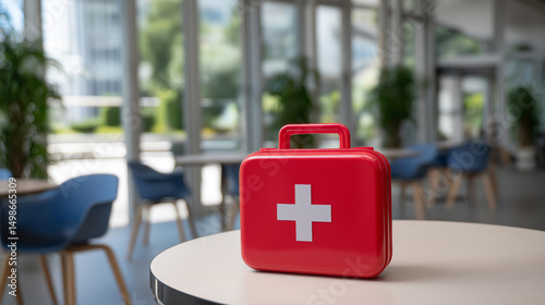 Bright red first aid kit with a white cross placed on a round table in a modern public space with chairs and plants.
 photo