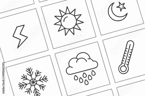 Set of Outline Weather Icons: Sun, Cloud, Rain, Moon, Star, Thermometer, Lightning, Snowflake on White Background.