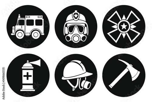 Firefighting Icons Set: Firetruck, Gas Mask, Axe and More in a Minimalist Black and White Design