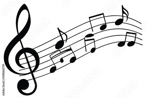 Treble Clef with Music Notes on Staff, Vector Illustration for Musical Concept and Design Elements.
