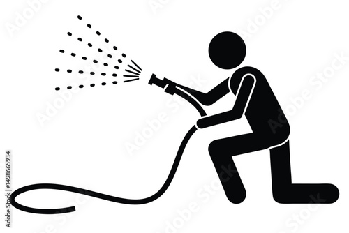 Pictogram of person watering with a hose, featuring a clean, minimalist black and white design.