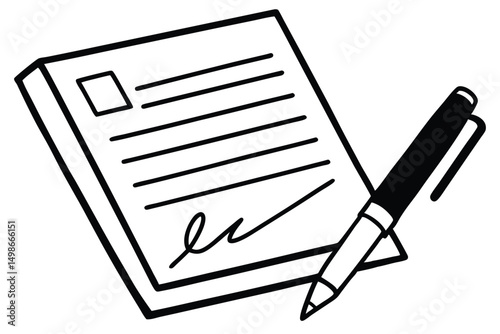 Contract Signing Illustration: Document, Signature and Pen Icon in Bold Black and White Outline for Business Concepts.