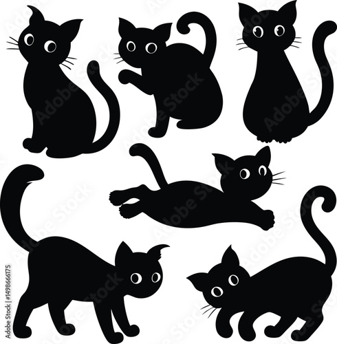 Six Adorable Black Cat Silhouettes in Various Poses
