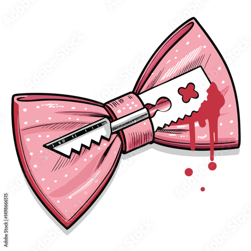 Surreal digital art depicting a pastel-colored bow tie with a realistically rendered, bleeding razor blade at its core.