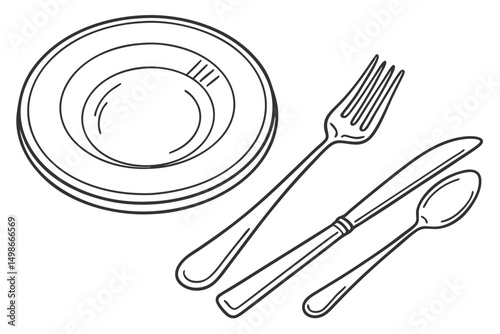 Line Art Illustration of Plate, Fork, Knife, and Spoon, Perfect for Menu Design or Kitchenware Catalog.
