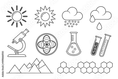 Science and Nature Icon Set: Weather, Laboratory, Atom, Mountains, and Chemical Structure, Isolated on White