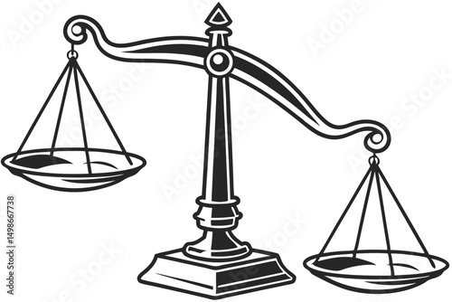 Elegant Scale of Justice Illustration in Black and White for Law, Legal System and Balance.