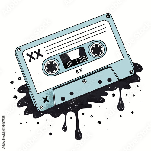 Render a pastel-colored cassette tape leaking black ink, adorned with a single, prominent X-shaped eye.  Focus on surreal, dripping detail.