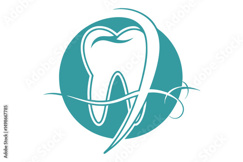 Modern Dental Clinic Logo Design with Tooth and Abstract Swirls in Teal Circle on White.