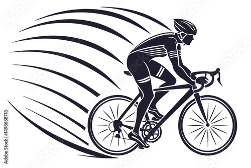 Cyclist Silhouette on Road Bike with Speed Lines, Minimalist Design for Sporting Events and Cycling Enthusiasts