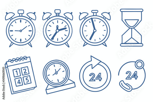 Doodle Time Management Icons, Alarm Clocks, Sandglass, Calendar, Twenty Four Hour Service for Deadline and Schedule Concept.