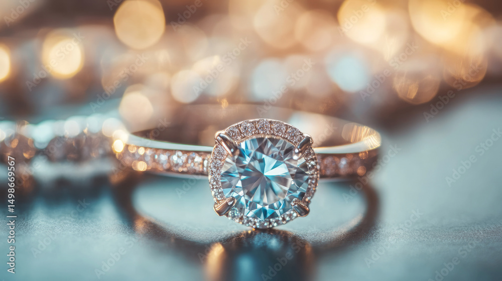 Fototapeta premium Luxury Solitaire Ring Close-Up on Shimmering Surface