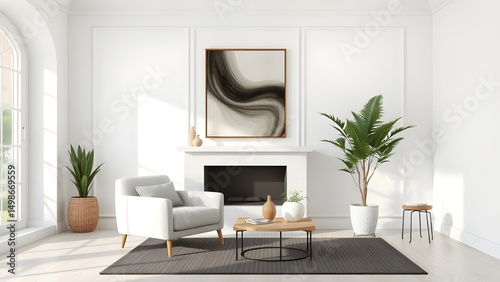 Minimalist, modern, contemporary, interior design, living room, white, clean, bright, airy, spacious, elegant, chic, serene, tranquil, peaceful, comfortable, inviting, armchair, single sofa, accent ch