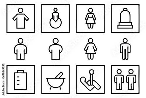 Vector Illustration Set of Line Art Symbols and Pictograms Representing People, Gender, Disabilities, and Objects
