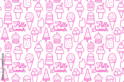 Bright and cheerful pattern featuring various ice cream treats and summer themes