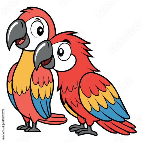 Two adorable cartoon macaw parrots are standing together against a transparent background