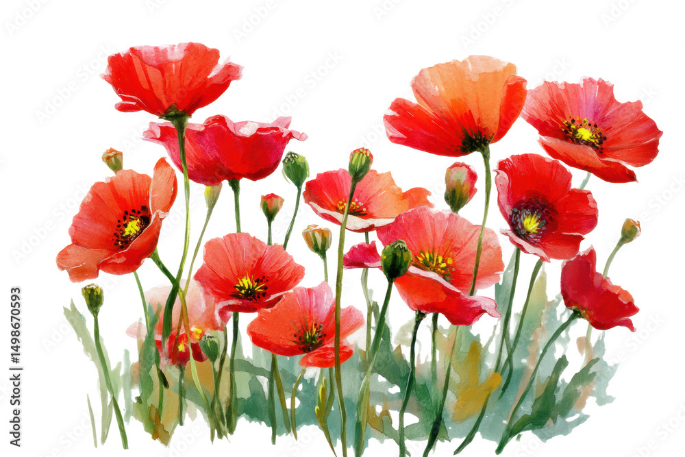 Fototapeta premium Vibrant watercolor of red poppies in bloom with green stems and leaves, cut out