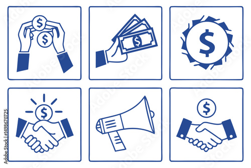 Business and Finance Icon Set: Investment, Promotion, Partnership, Money Handling, Outlined in Dark Blue.