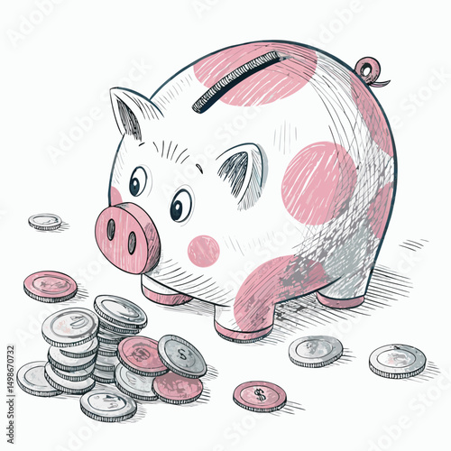 A pastel pink piggy bank with a sorrowful expression, weeping silver coins.  Detailed, realistic rendering.