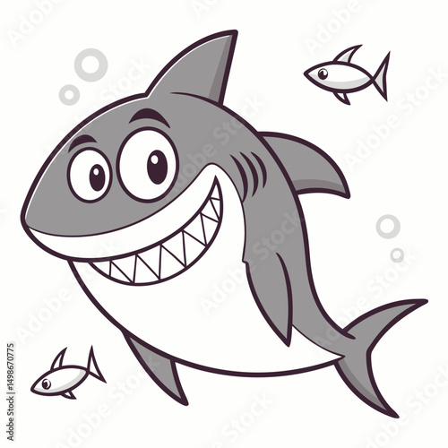 A cheerful cartoon shark smiles brightly as fish swim nearby on a transparent background