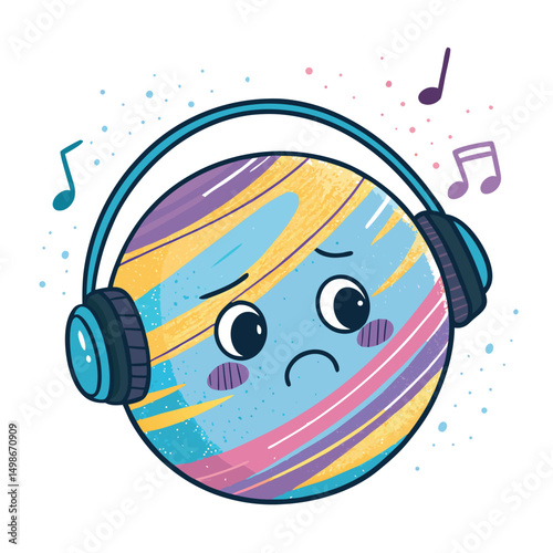A pastel-colored planet, wearing oversized headphones, frowns sadly while gazing at a single, unseen object.  Digital art, whimsical, melancholic.