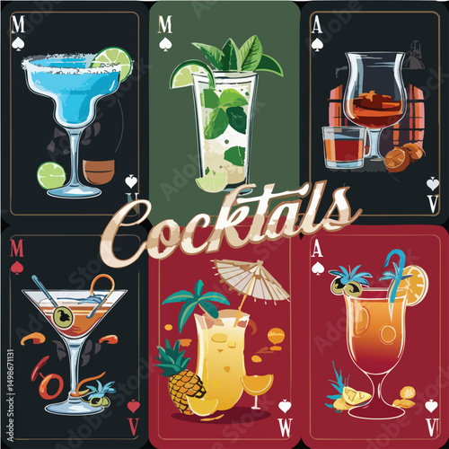 A vibrant and colorful vector illustration featuring multiple juice glasses filled with different flavored juices such as orange, strawberry, mango, and apple. Each glass showcases fresh fruit slices 