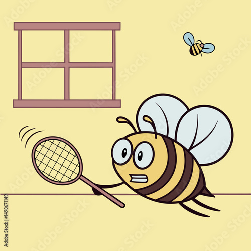 Animated bee frantically wields a badminton racket as another bee approaches the window