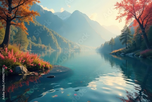 Abstract floral motif subtly overlaid on rippling lake, design element, pattern