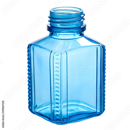 A clear, bright blue plastic bottle with a ribbed screw-top cap of the same color isolated on white or transparent background