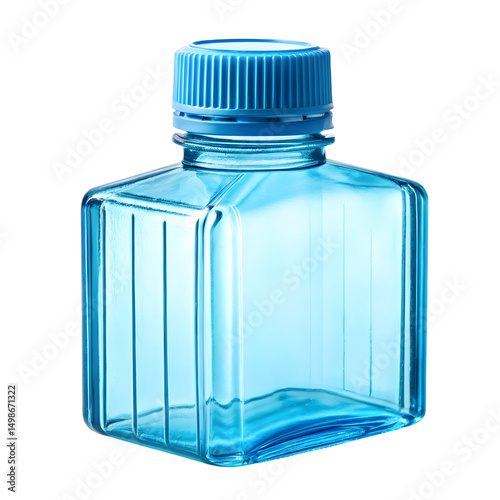 A clear, bright blue plastic bottle with a ribbed screw-top cap of the same color isolated on white or transparent background