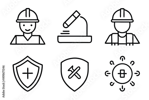 Set of Engineering, Science, and Protection Icons in Outline Style Representing Concepts and Professionals on White