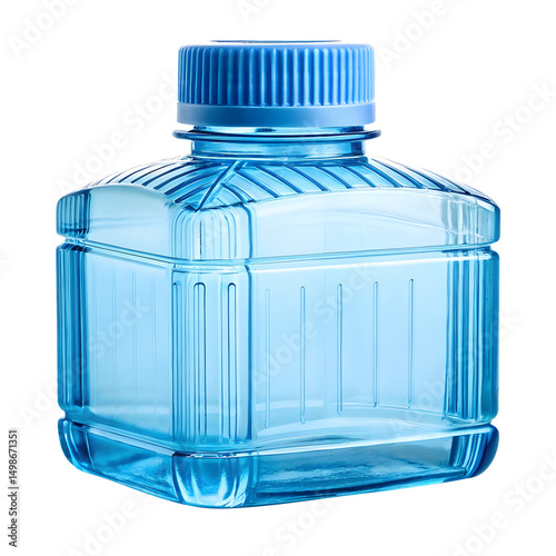 A clear, bright blue plastic bottle with a ribbed screw-top cap of the same color isolated on white or transparent background