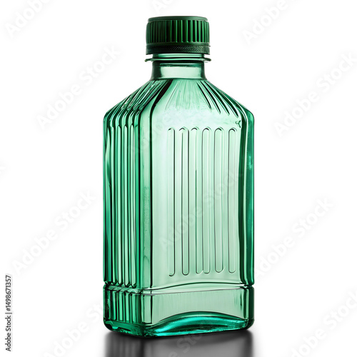 a clear, emerald green plastic bottle with a ribbed screw-top cap of a darker green or black color isolated on white or transparent background