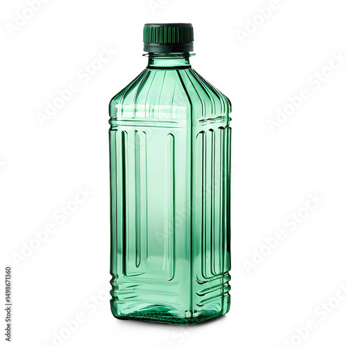 a clear, emerald green plastic bottle with a ribbed screw-top cap of a darker green or black color isolated on white or transparent background