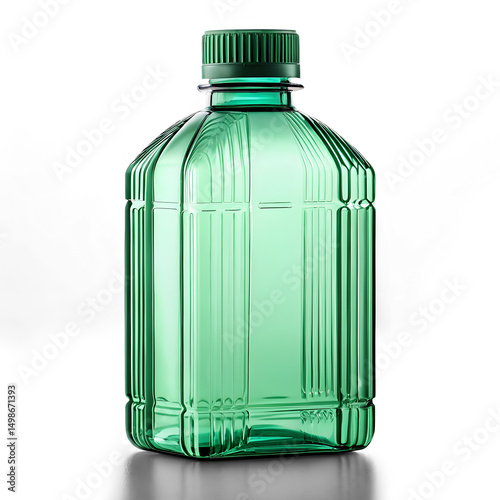 a clear, emerald green plastic bottle with a ribbed screw-top cap of a darker green or black color isolated on white or transparent background