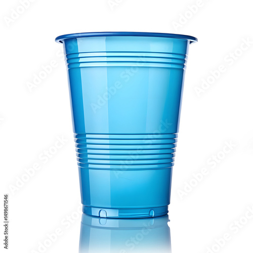 A single, empty, bright blue plastic party cup isolated on white or transparent background