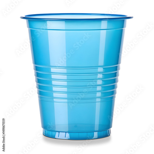 A single, empty, bright blue plastic party cup isolated on white or transparent background