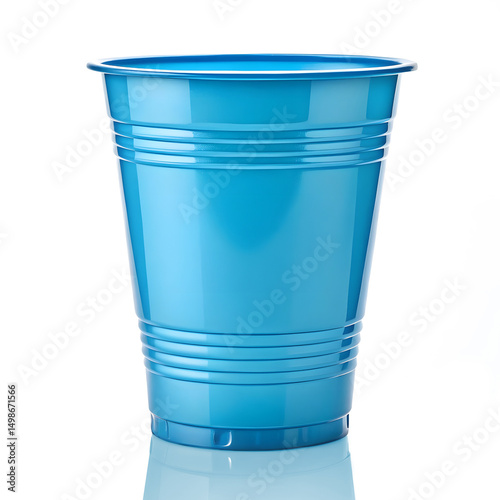 A single, empty, bright blue plastic party cup isolated on white or transparent background