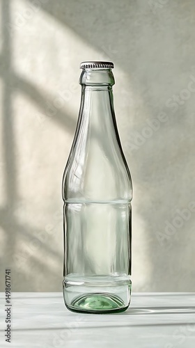 Empty glass bottle, sunlight, table