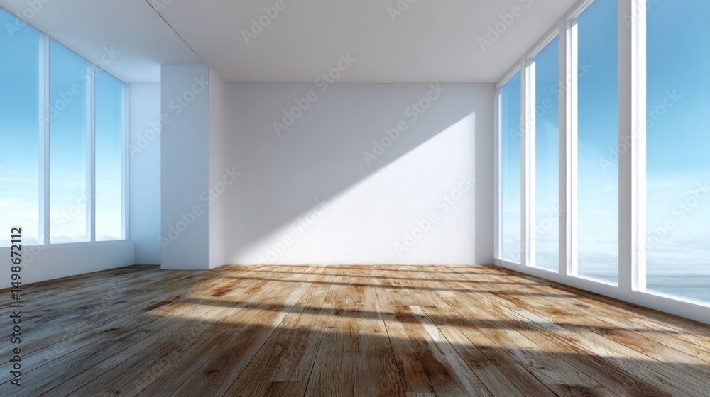 Obraz premium Sunlit Empty Room with Panoramic Windows