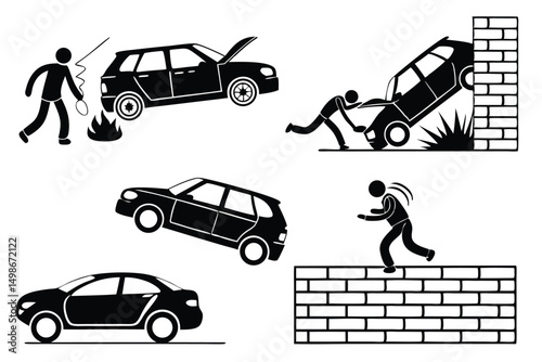 Black and White Pictogram Illustrations of Multiple Car Accidents, Including Fire, Impact, and Avoidance Scenarios.