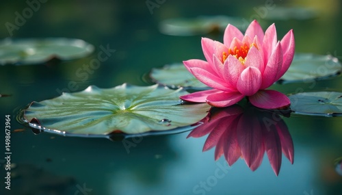 Intricate floral pattern reflected in calm lake water, pond, still