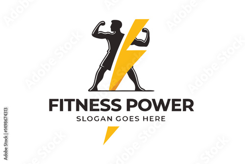 Powerful Fitness Logo Design with Muscular Man and Lightning Bolt for Gym, Sports, and Training.