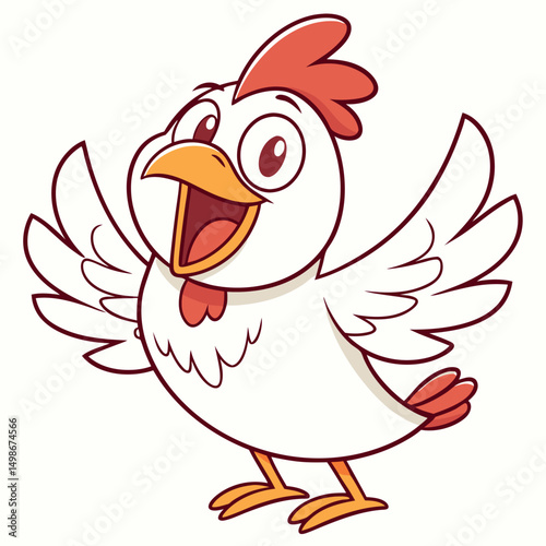 Cartoon white hen with red comb is standing cheerfully with open wings