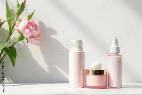 Clean, minimalist white backdrop showcasing beauty products, luxury, bright